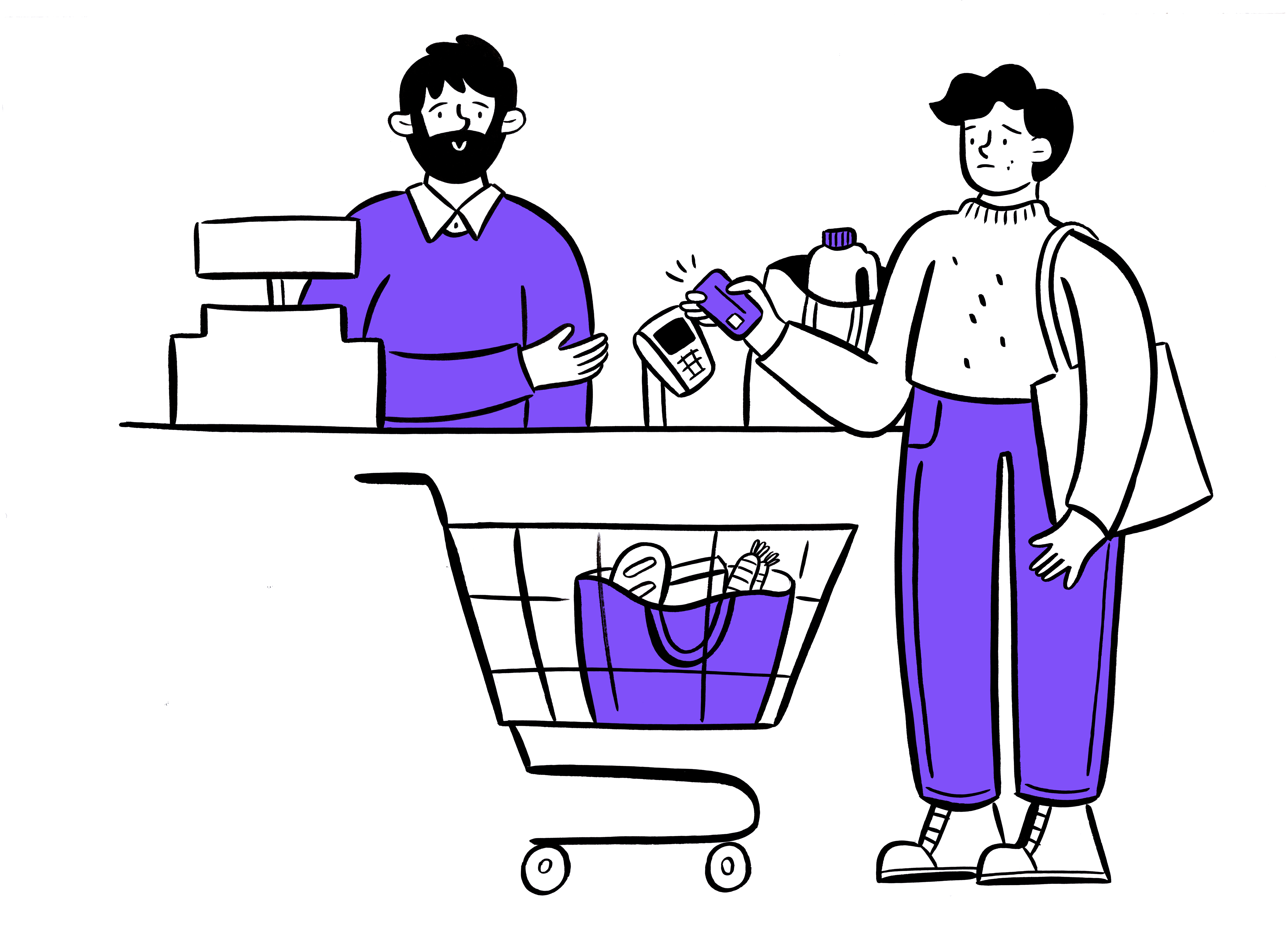 Illustration of a person trying to pay for food in a supermarket