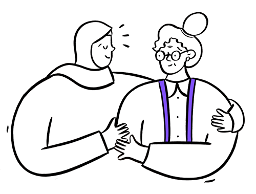 Illustration of a woman wearing a head scarf with her arm around an older woman.