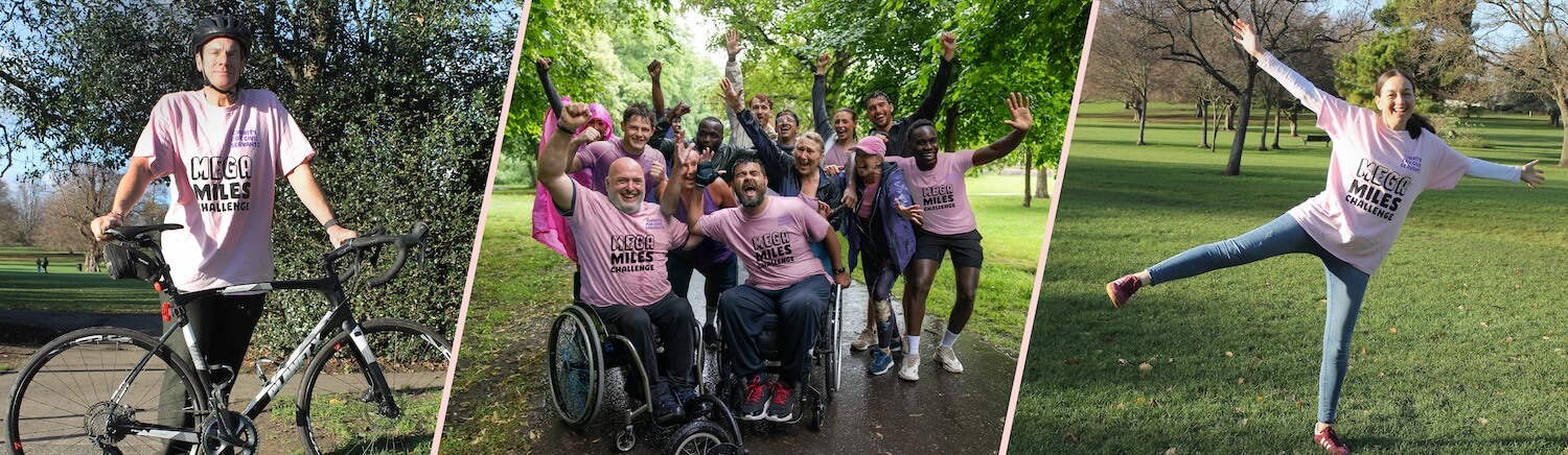 Images of different people taking part in the Mega Miles Challenge 2026 wearing pink Mega Miles Challenge tshirts