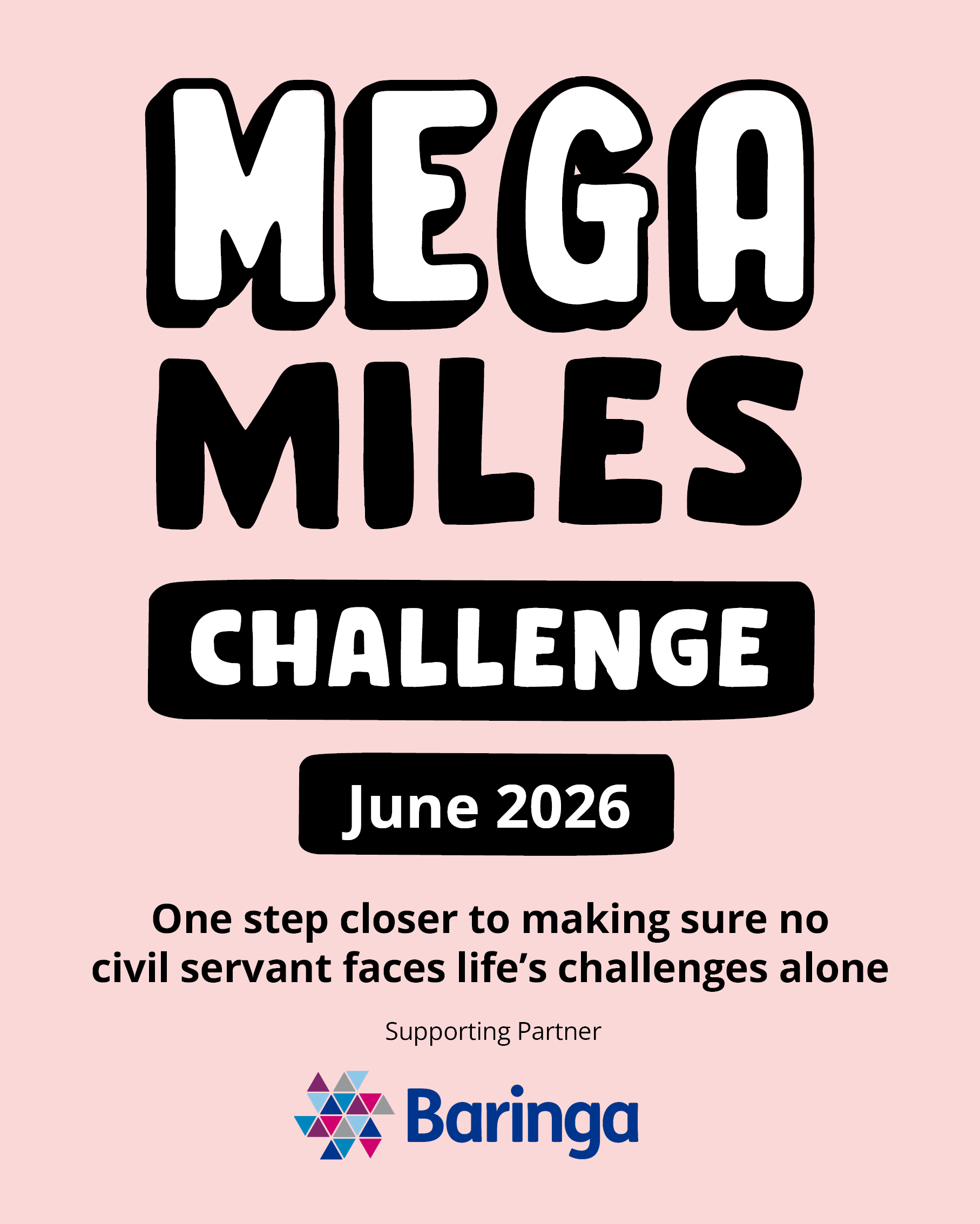 Mega Miles Challenge 2026 logo with the words Take Part. Move More. One step closer to wellbeing and support supporting partner Baringa.