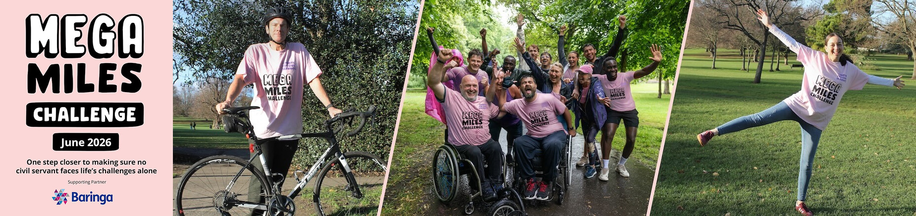 Mega Miles Challenge 2026 logo with the words Take Part. Move More. One step closer to wellbeing and support supporting partner Baringa.