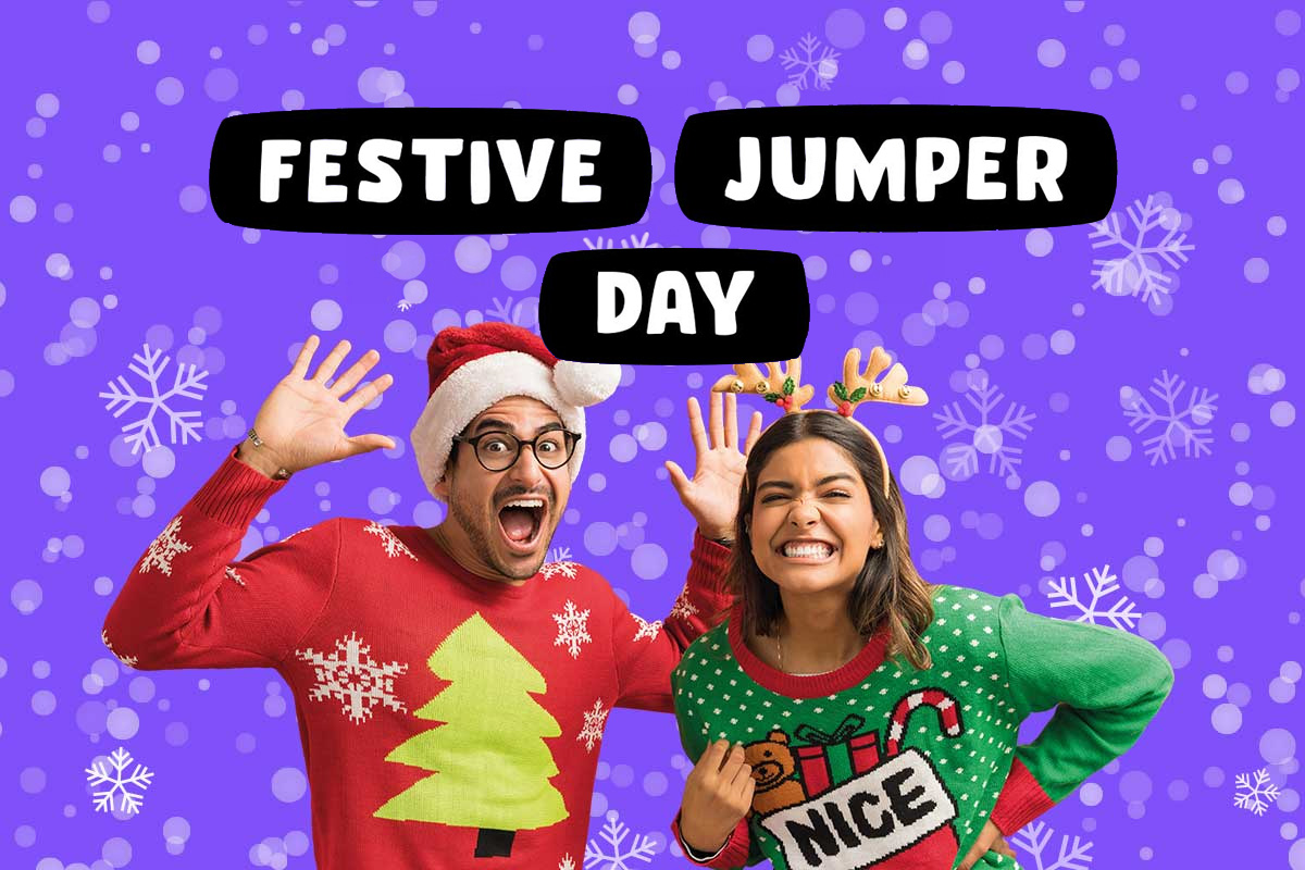 Image of two people wearing festive jumpers with the words Festive Jumper Day all on a purple background with white snowflakes Image of two people wearing festive jumpers with the words Festive Jumper Day all on a purple background with white snowflakes