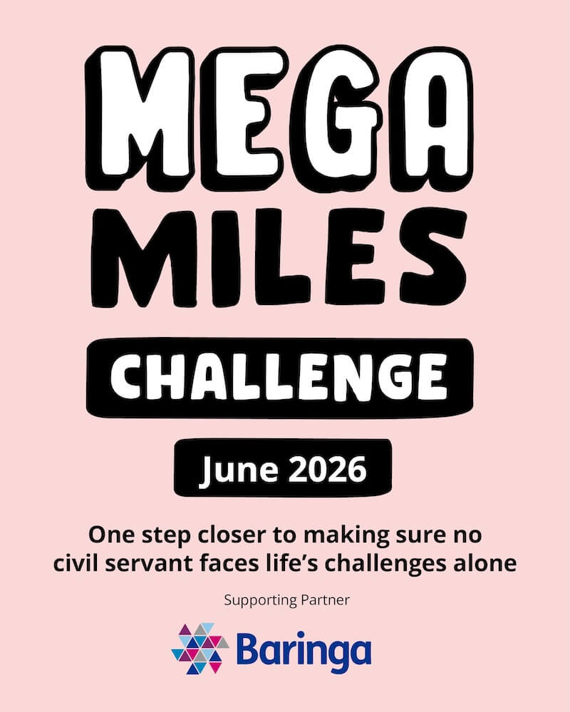 Mega Miles Challenge 2026 logo with the words Take Part. Move More. One step closer to wellbeing and support supporting partner Baringa.