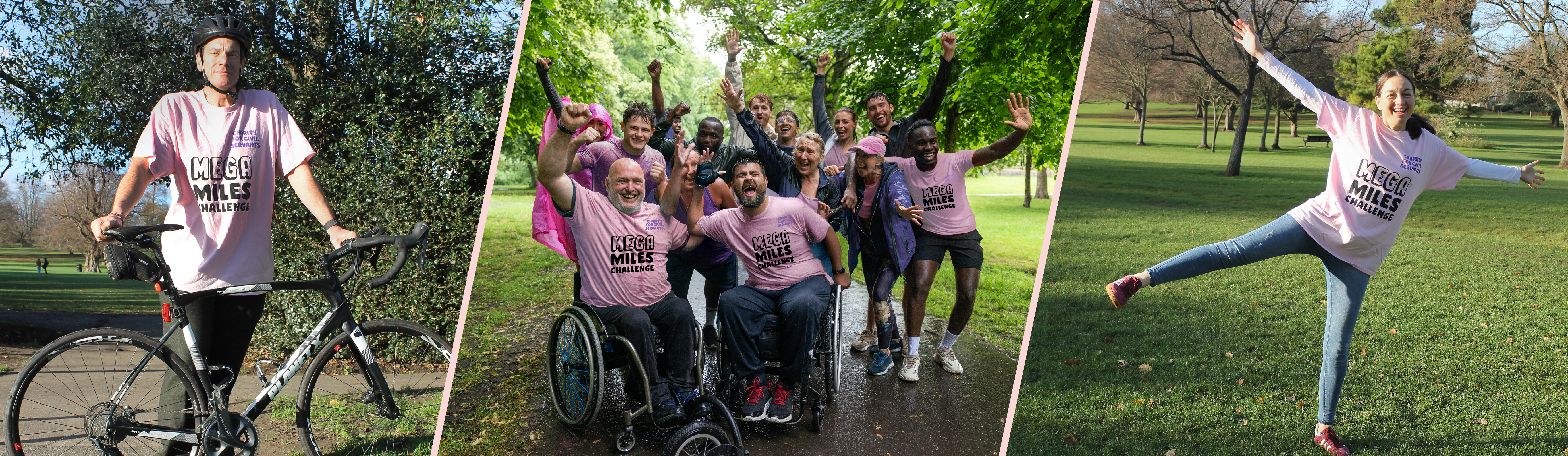Images of different people taking part in the Mega Miles Challenge 2026 wearing pink Mega Miles Challenge tshirts