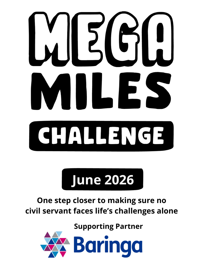 Mega Miles Challenge 2026 logo including words 'One step closer to making sure no civil servant faces life's challenges alone' / Supporting Partner Baringa