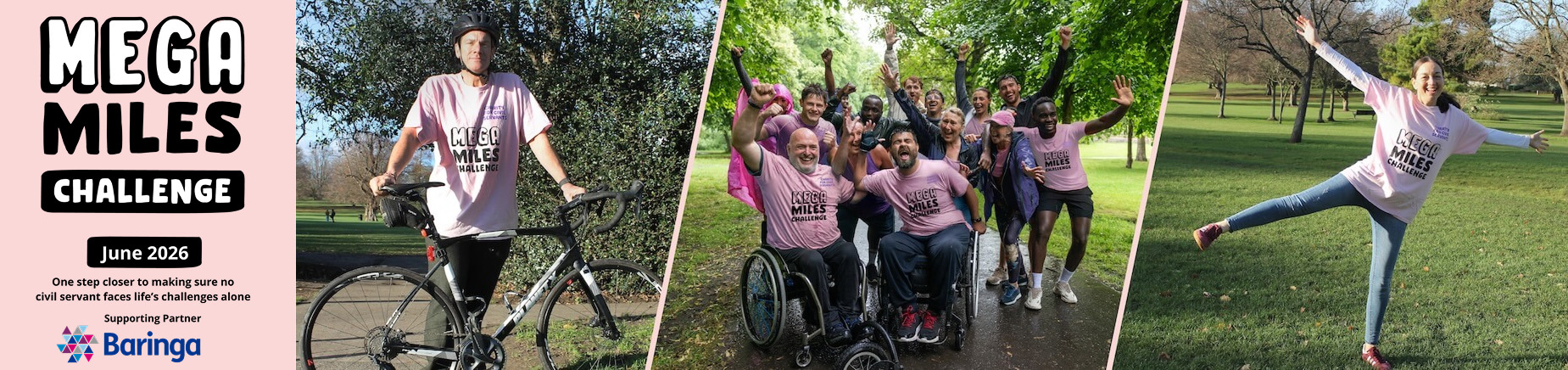 Mega Miles Challenge 2026 logo with the words Take Part. Move More. One step closer to wellbeing and support supporting partner Baringa.