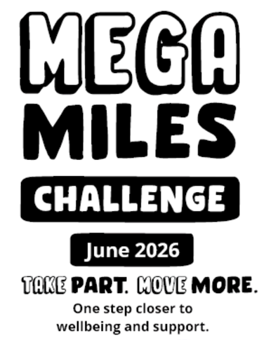 Mega Miles Challenge 2026 logo with the words Take Part. Move More. One step closer to wellbeing and support.